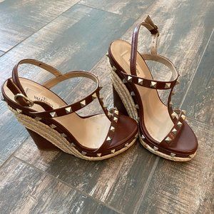 Valentino Rockstud Brown Leather Wedge Sandal 7.5